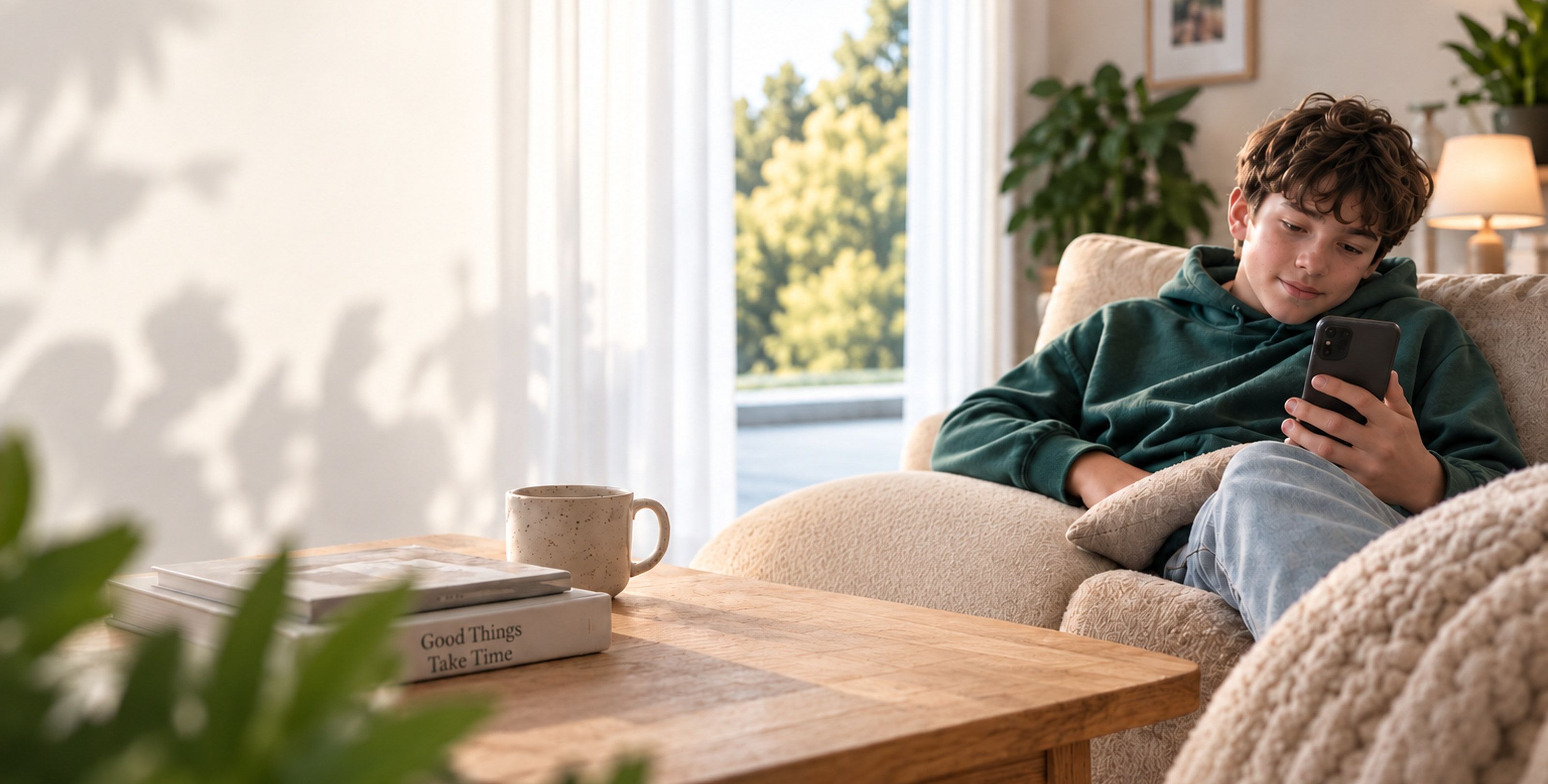 Een jongen zit met zijn telefoon op de bank in een lichte huiskamer.