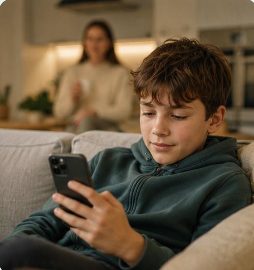 Een jongen zit op de bank met een telefoon in zijn hand. Op de achtergrond staat zijn moeder in de keuken.