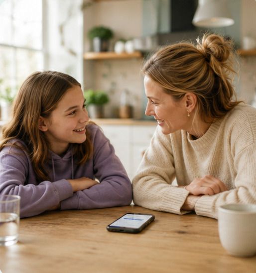 Een moeder en haar dochter zitten aan de keukentafel en kijken elkaar lachend aan. Tussen hen in ligt een telefoon op tafel.