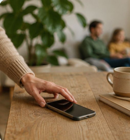 Een hand legt een telefoon op een houten tafel. Op de achtergrond zitten een vader en een kind op de bank.