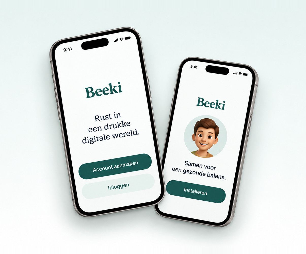 Twee telefoons naast elkaar met het welkomstscherm van Beeki: op de ene "Rust in een drukke digitale wereld" met de knoppen Account aanmaken en Inloggen, op de andere "Samen voor een gezonde balans" met de knop Installeren.