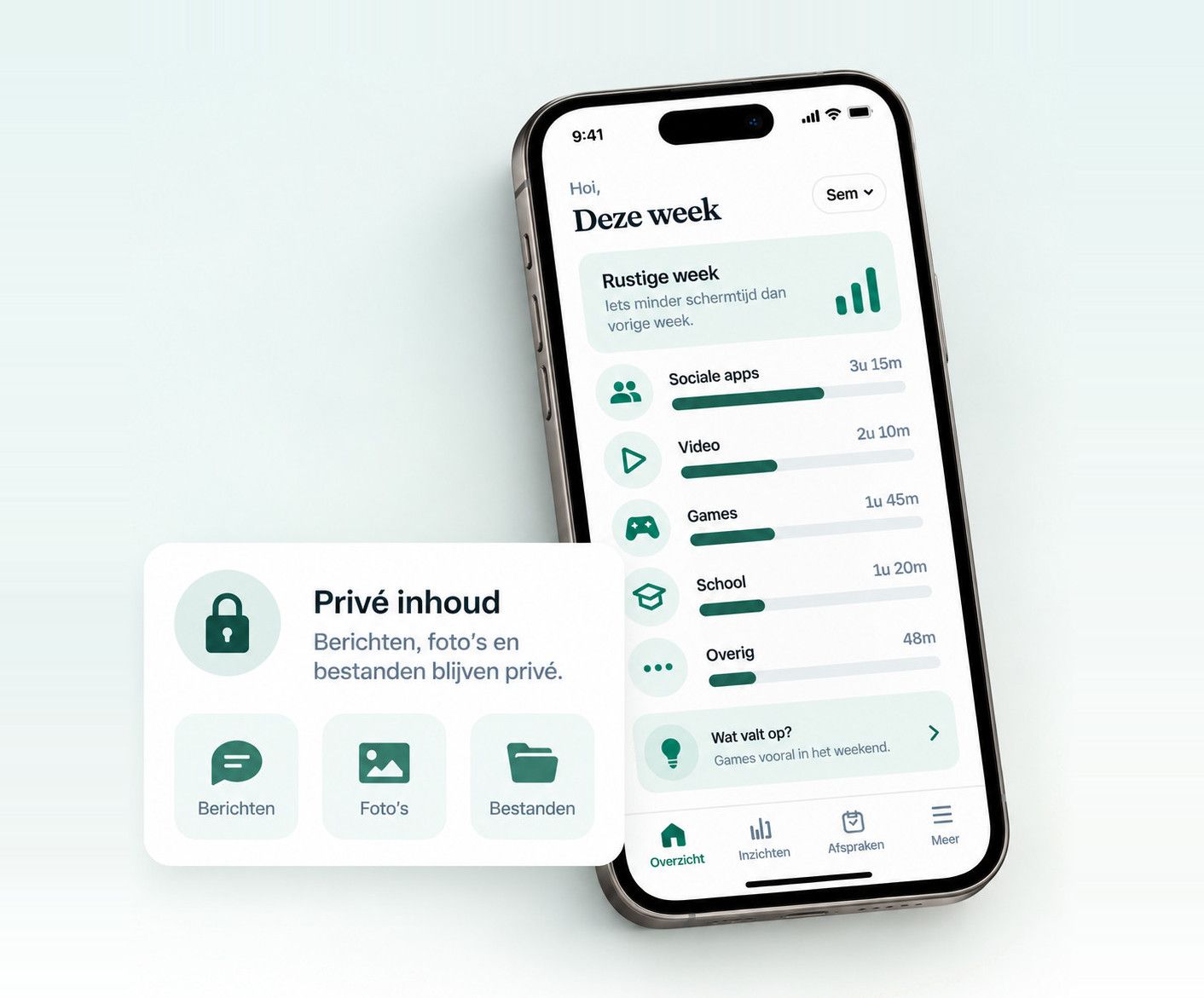 Het weekoverzicht in de Beeki-app met per soort app hoe lang die gebruikt is — sociale apps 3 uur 15, video 2 uur 10, games 1 uur 45, school 1 uur 20 — en ernaast een kaart 'Privé inhoud: berichten, foto's en bestanden blijven privé'.