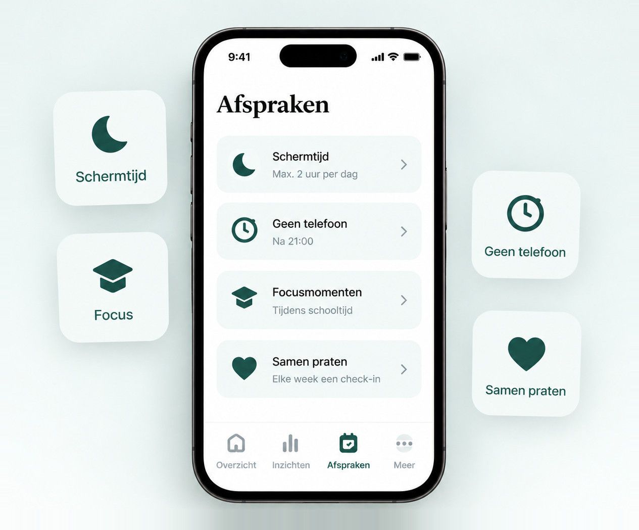 Het scherm Afspraken in de Beeki-app met vier afspraken — schermtijd maximaal 2 uur per dag, geen telefoon na 21:00, focusmomenten tijdens schooltijd en elke week samen praten.